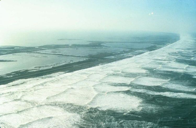 Nonlinear water waves off the coast of North Carolina during the Perfect Storm of 1991, a subject studied using advanced mathematical tools.