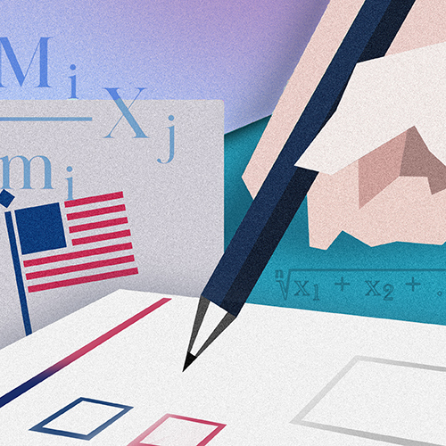 Illustration of hand holding pen to mark a ballot