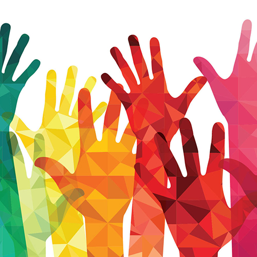 Illustration with hands in different colors reaching up. 