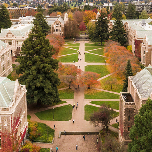 Aerial photo of the UW quad in autumn. 