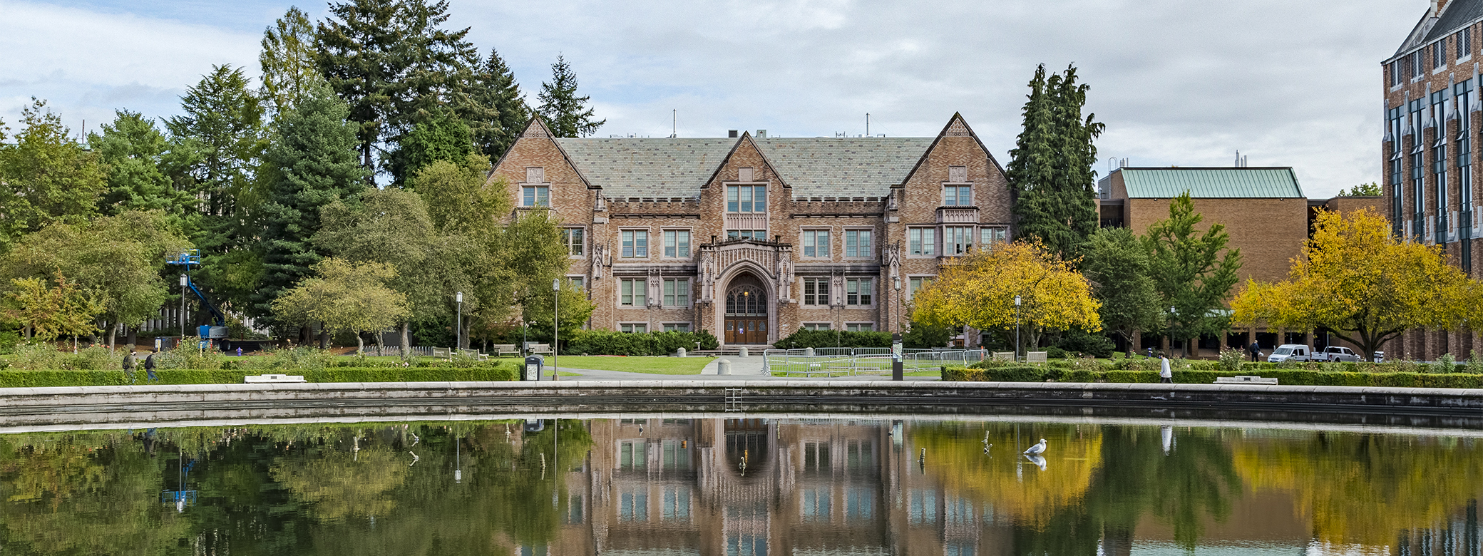 View of Guggenheim Hall across the fountain in fall