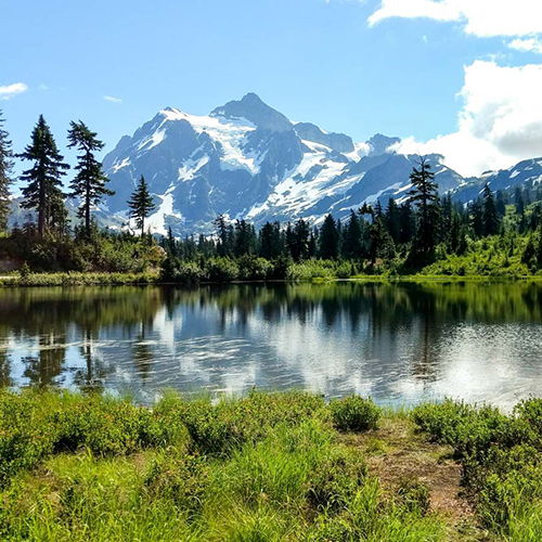 A mountain lake, with Mt. Baker behind