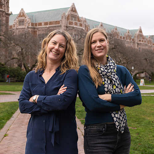 Kate Krings and Amy Pace on the University of Washington quad.