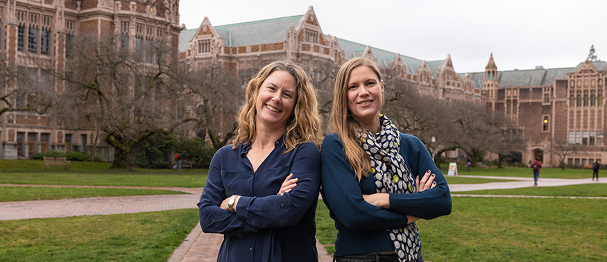 Kate Krings and Amy Pace on the University of Washington quad.