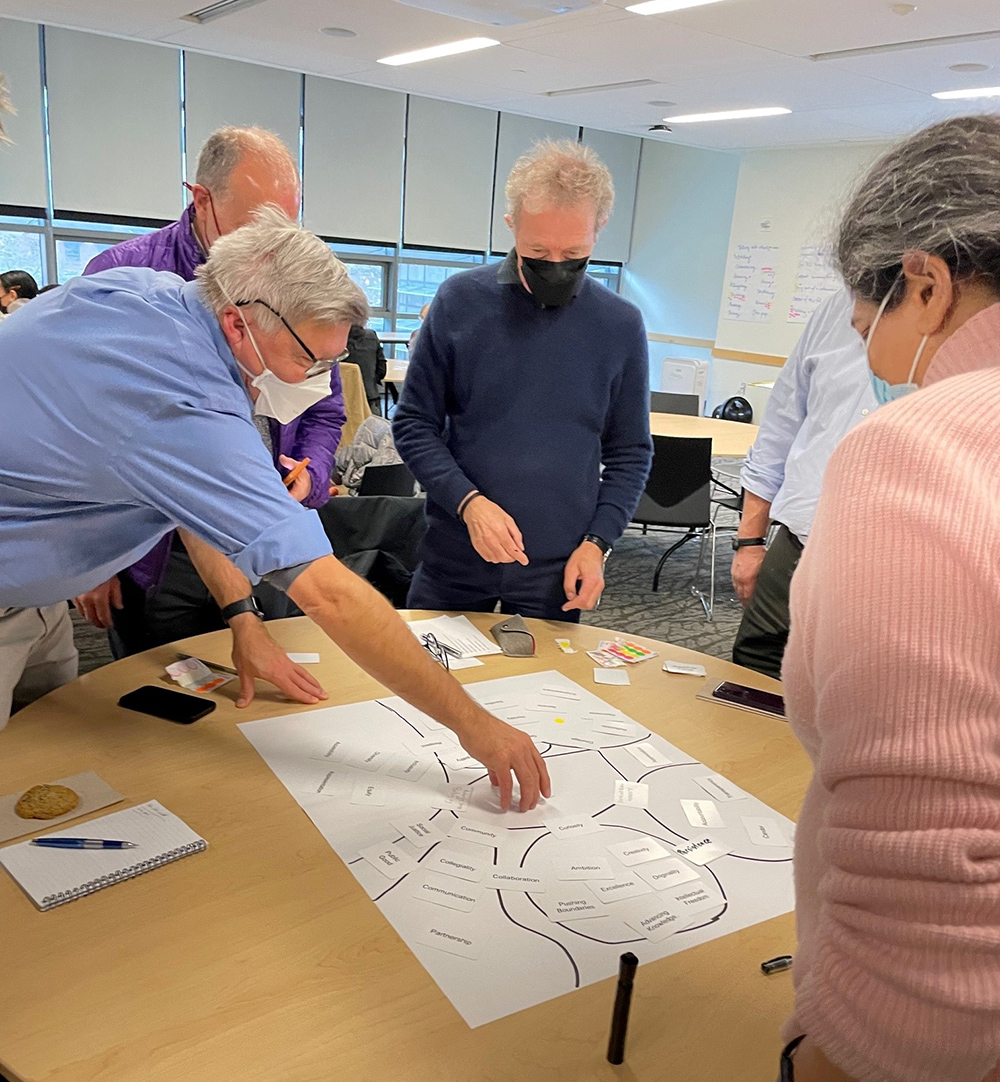 Faculty work through a card exercise during the Humetrics values workshop at the UW.