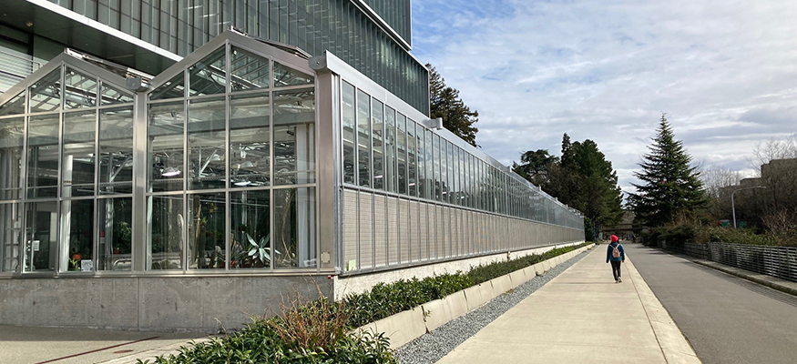 Outside of the UW Biology Greenhouse, with pedestrian walking on Burke Gilman Trail beside it. 