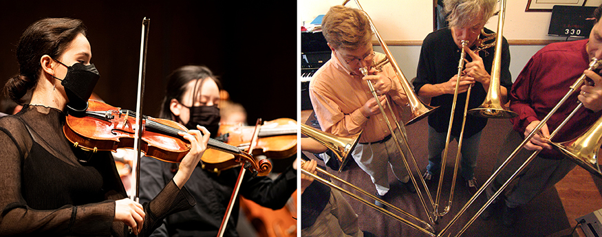 Two photo of music students performing