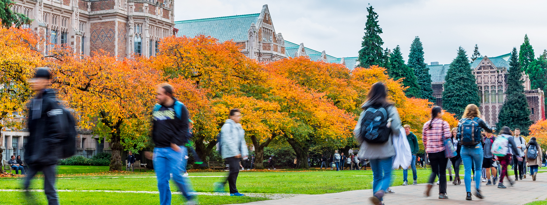 Students walking across UW quad on autumn day