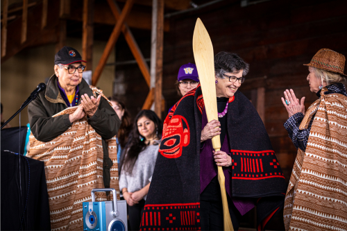 Ana Marie Cauce attends Canoe Awakening Ceremony at the ASUW Shell House in April 2023