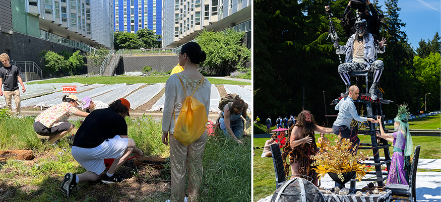 Photo of people planting seeds at left, and altar with characters in costume at right.