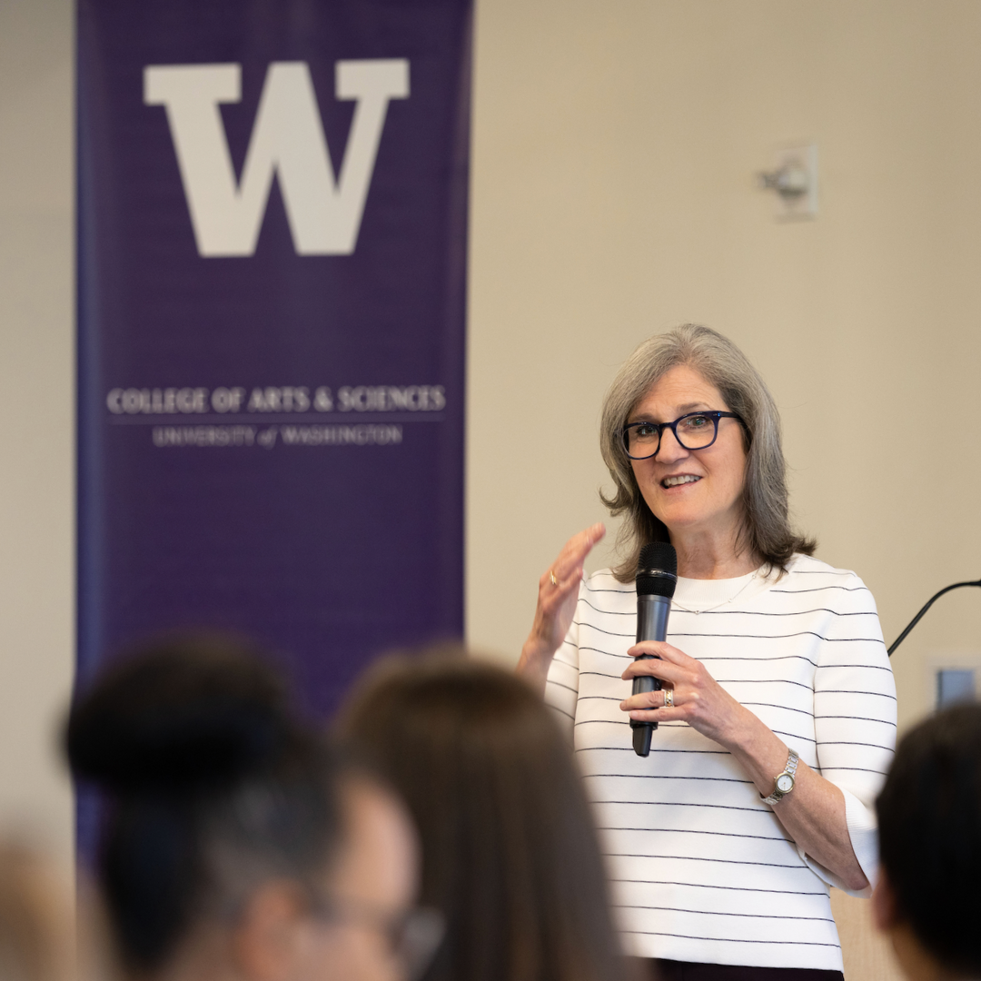 Dean Dianne Harris speaks to staff at a College of Arts & Sciences Advancement All-Staff Meeting