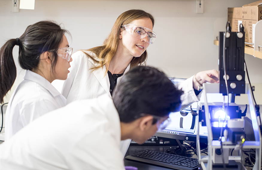 Ashleigh Therberge and research team members looking at equipment in her UW chemistry lab.