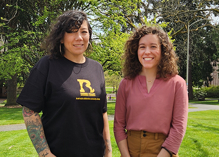 Portrait of Cristina Sanchez-Martin and Taiko Aoki-Marcial with greenery behind them.