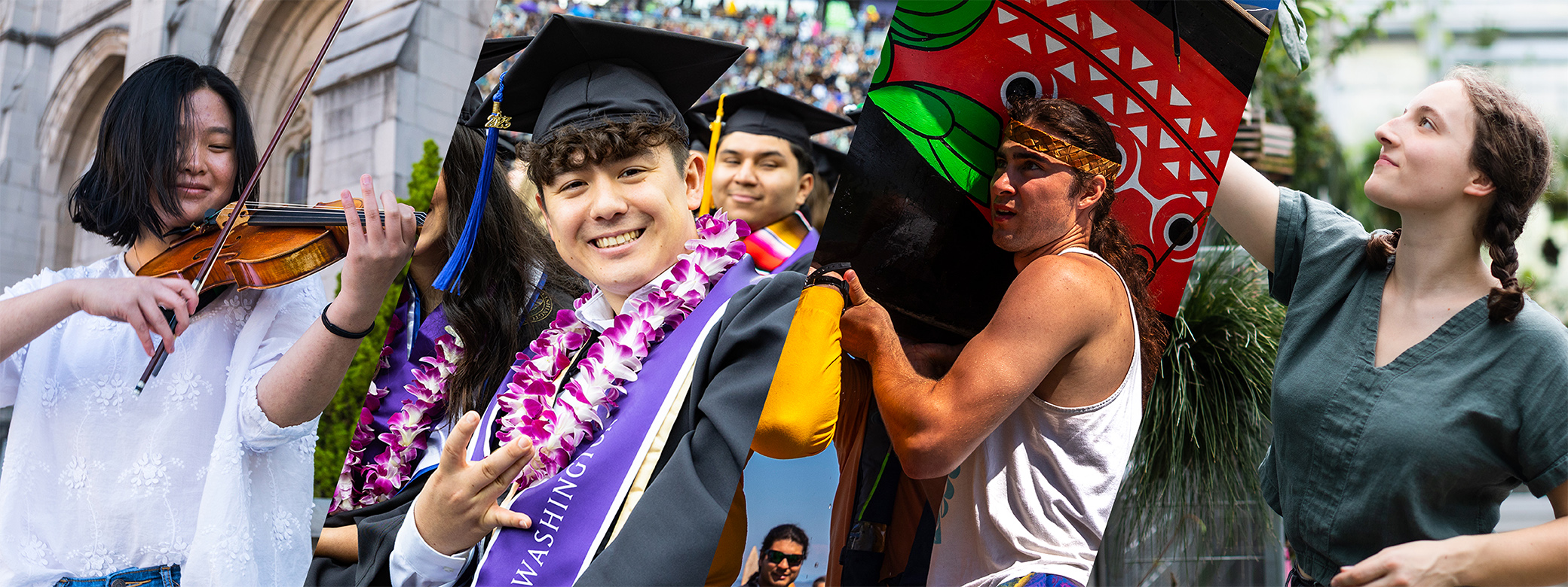 Collage of four students depicting activities across four academic divisions.