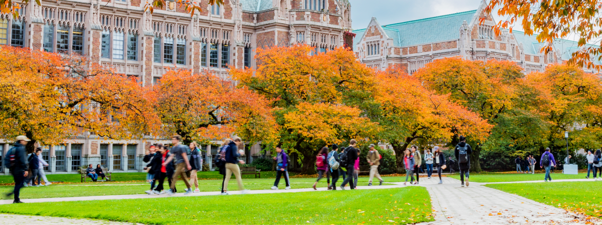 Students walking in the Quad during the fall quarter at the University of Washington Seattle campus