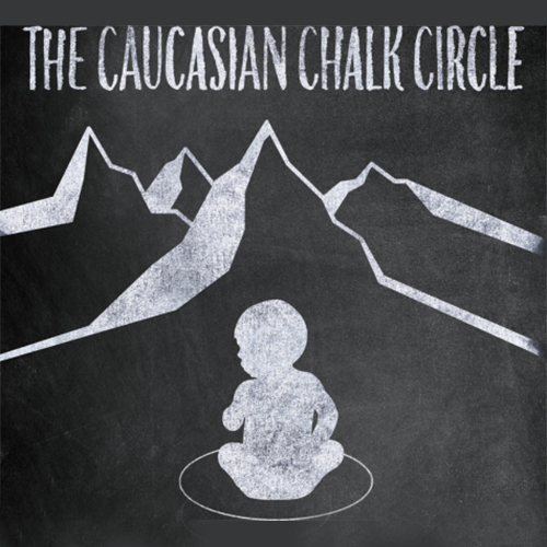 Artwork for Caucasian Chalk Circle, with a baby sitting in front of abstract mountain peaks.