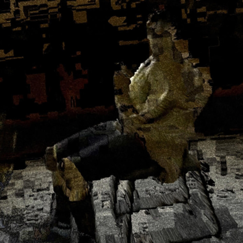 Dark and purposely pixelated image of seated person