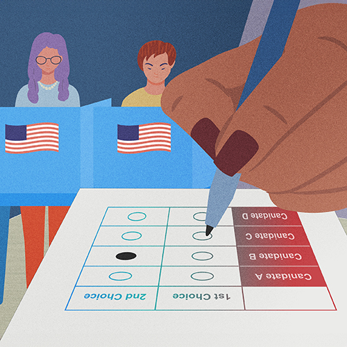 Illustration of a hand holding a pen and filling circles on a ballot.