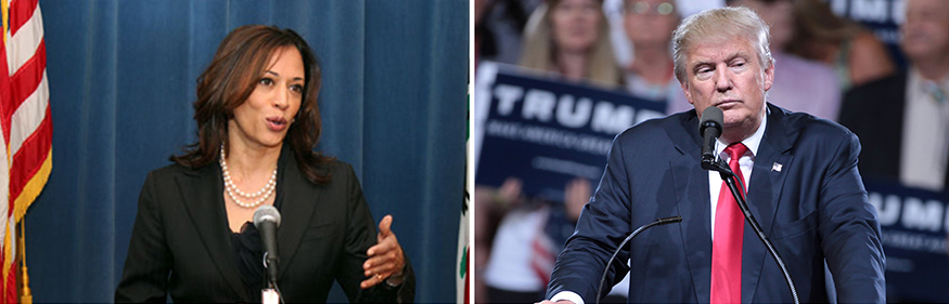 Side-by-side photos of Kamala Harris and Donald Trump