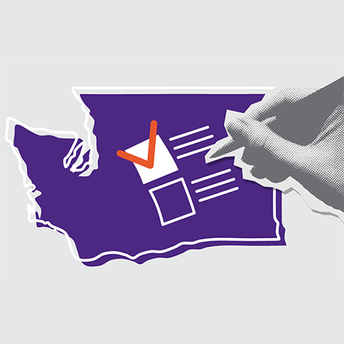 Hand holding pen to mark a ballot shaped like Washington state