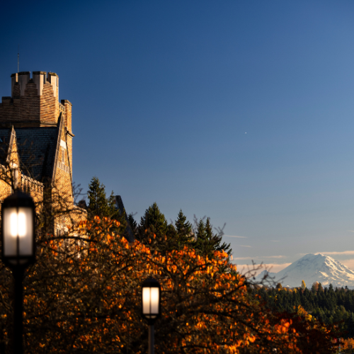 Fall on the UW Seattle Campus with a view of Mount Rainier